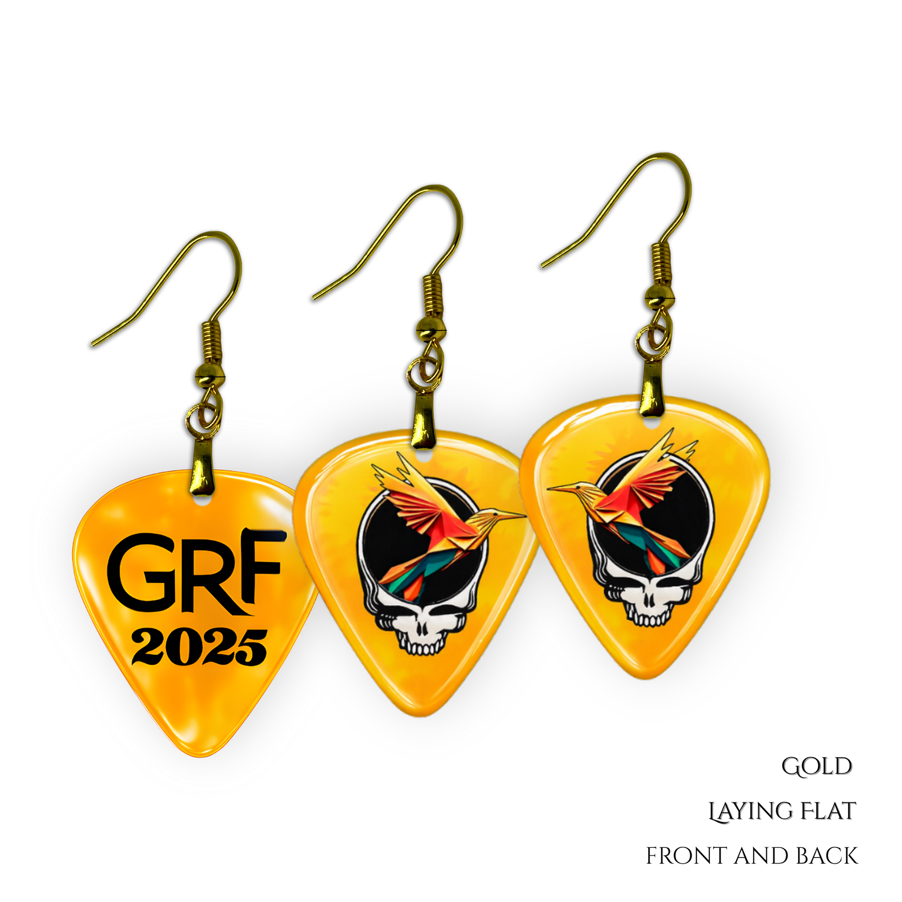 Front and back view of GRF – Golden Road Flight jewelry set featuring yellow glossy guitar pick design with the golden road festival bird and Steal Your Face logo.