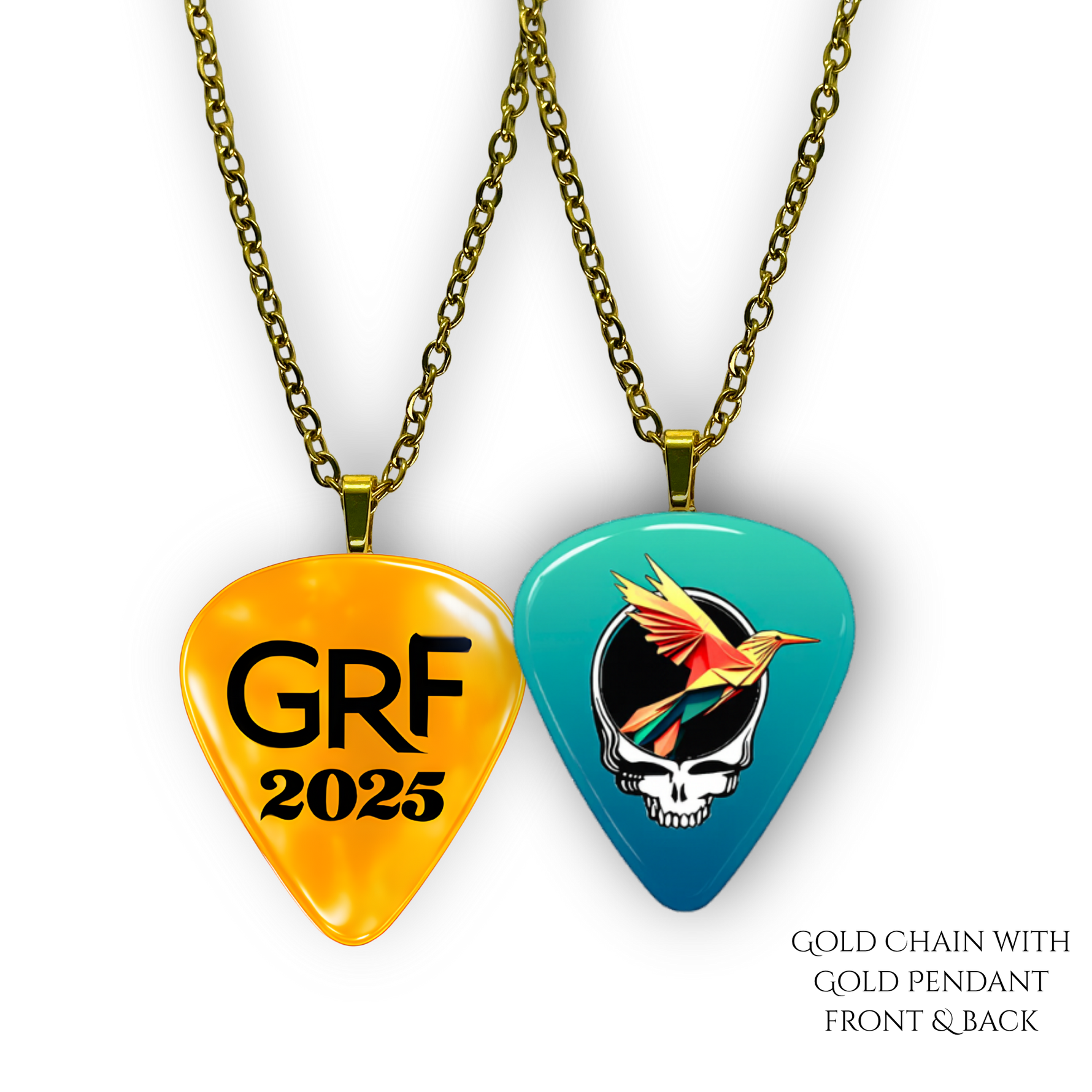 Front and back view of GRF – Ocean Flight Necklace featuring teal glossy guitar pick design with the Golden Road Festival bird and Steal Your Face artwork.