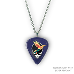 Close-up of Into the Night necklace showing high-gloss epoxy finish with silver pendant and bold festival colors.