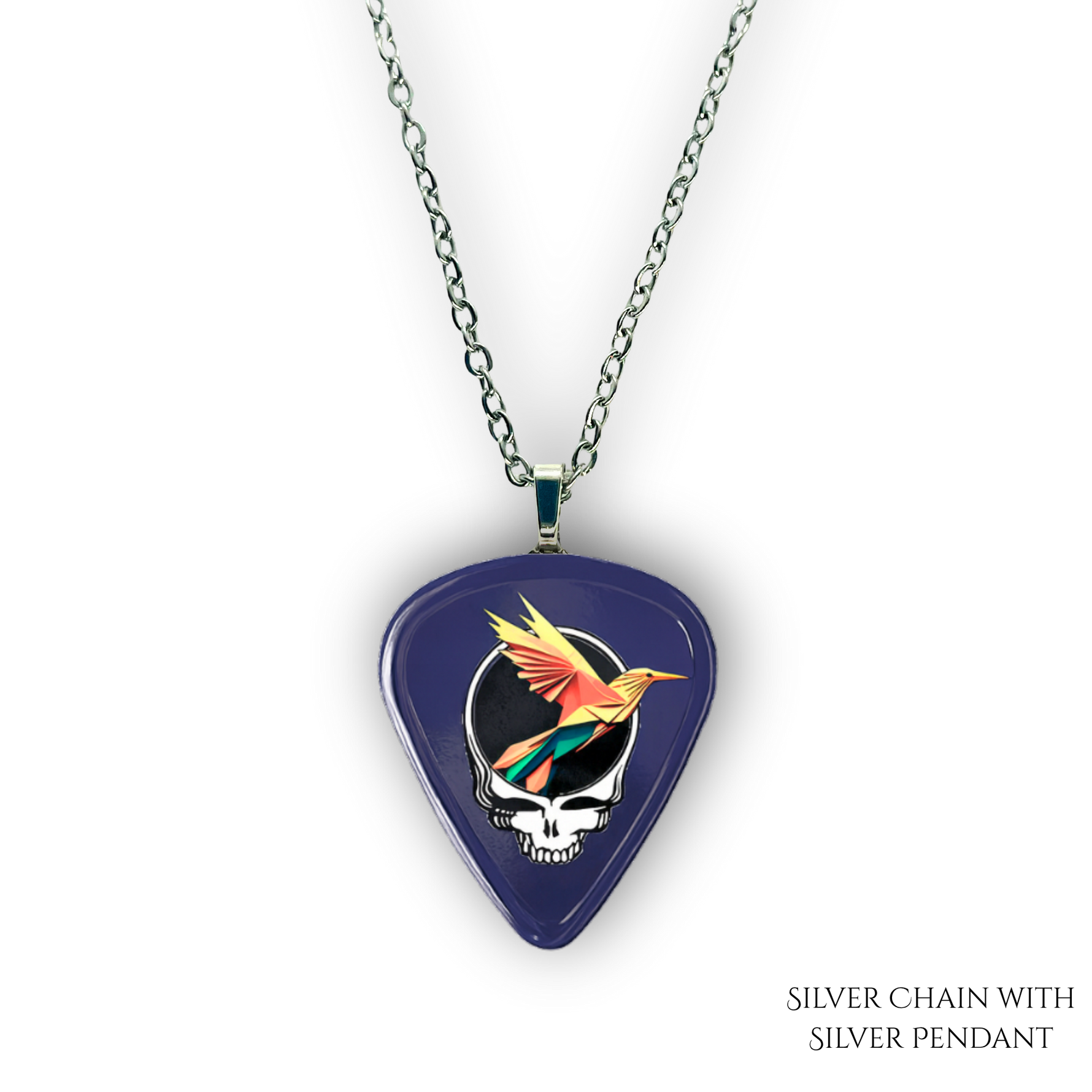 Close-up of Into the Night necklace showing high-gloss epoxy finish with silver pendant and bold festival colors.