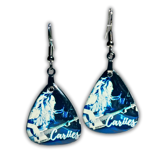 Front view of guitar pick earrings featuring Cariies playing bass in a cool blue-toned image, with black hooks.