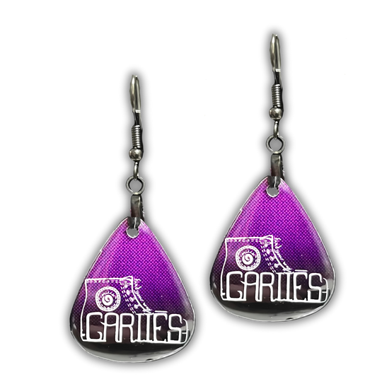Front view of Cariies purple fade guitar pick earrings with white sneaker logo