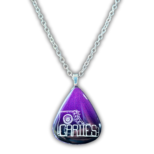 Front view of Cariies purple fade guitar pick necklace with white sneaker logo and silver chain