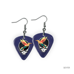 Close-up of the GRF - Into the Night earrings showing high-gloss epoxy finish with silver hooks and bold festival colors.