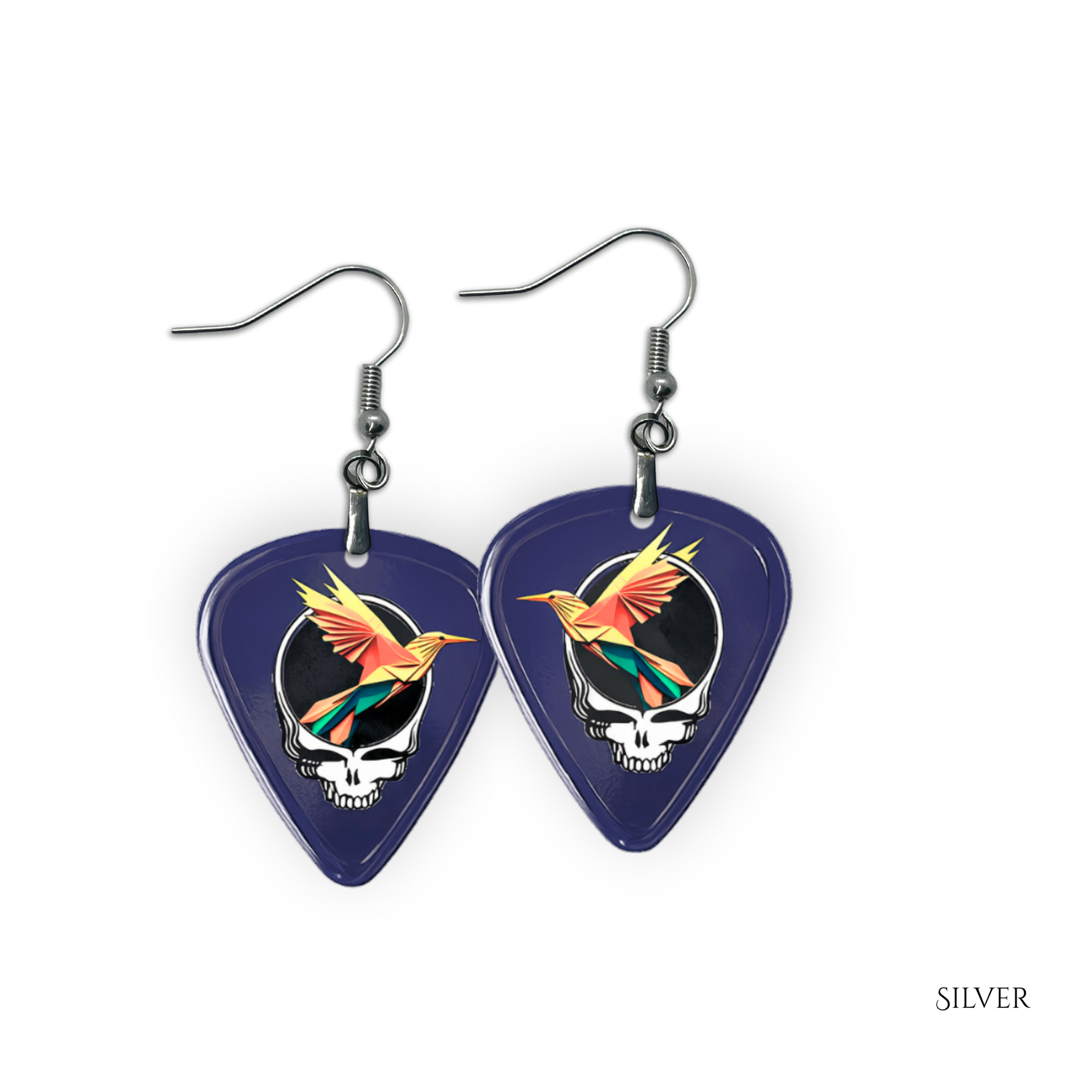 Close-up of the GRF - Into the Night earrings showing high-gloss epoxy finish with silver hooks and bold festival colors.