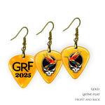 Front and back view of GRF – Golden Road Flight jewelry set featuring yellow glossy guitar pick design with the golden road festival bird and Steal Your Face logo.