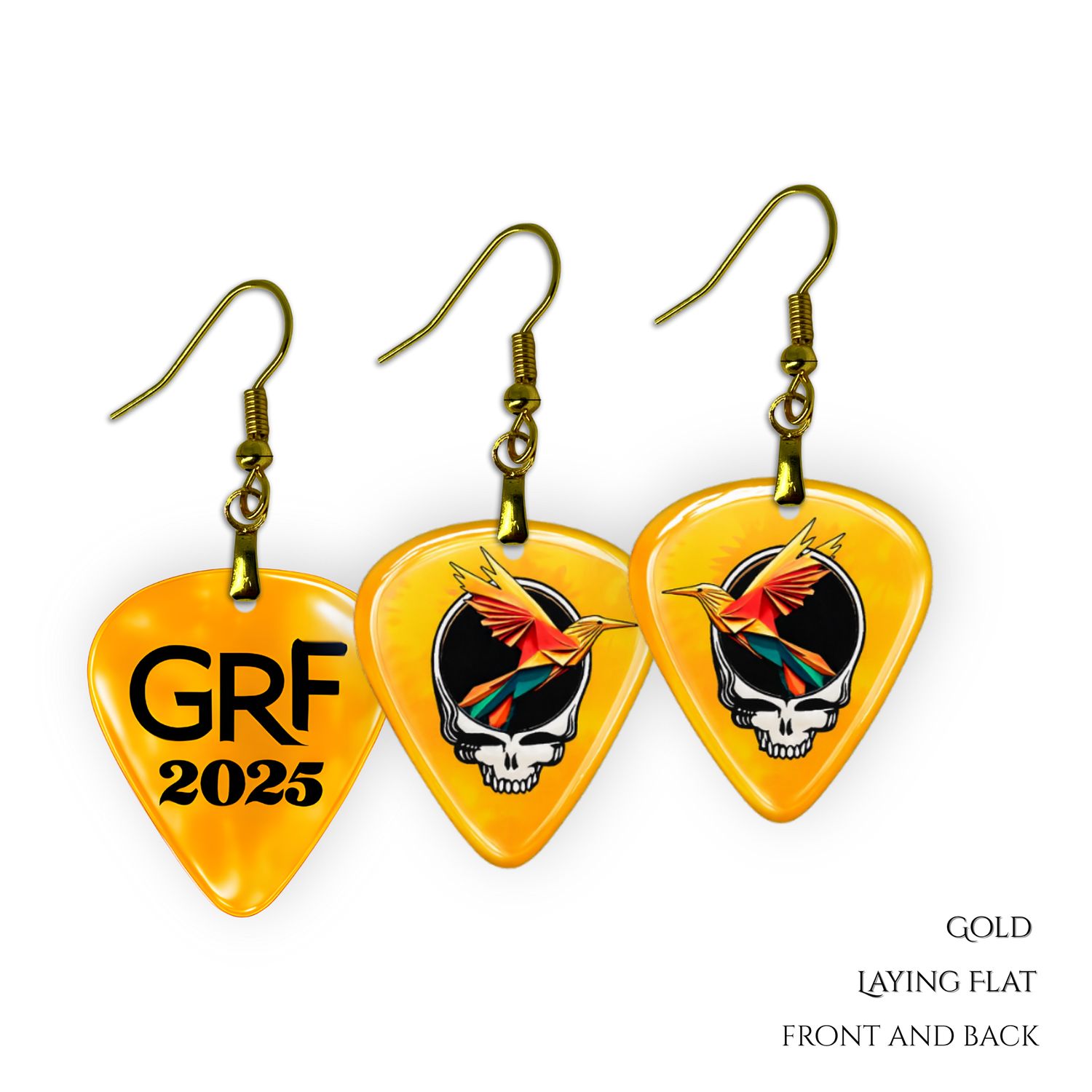 Front and back view of GRF – Golden Road Flight jewelry set featuring yellow glossy guitar pick design with the golden road festival bird and Steal Your Face logo.
