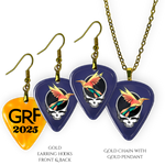 Front and back view of GRF – Into the Night earring and pendant set featuring glossy navy guitar pick design with the Golden Road Festival bird and Steal Your Face artwork.