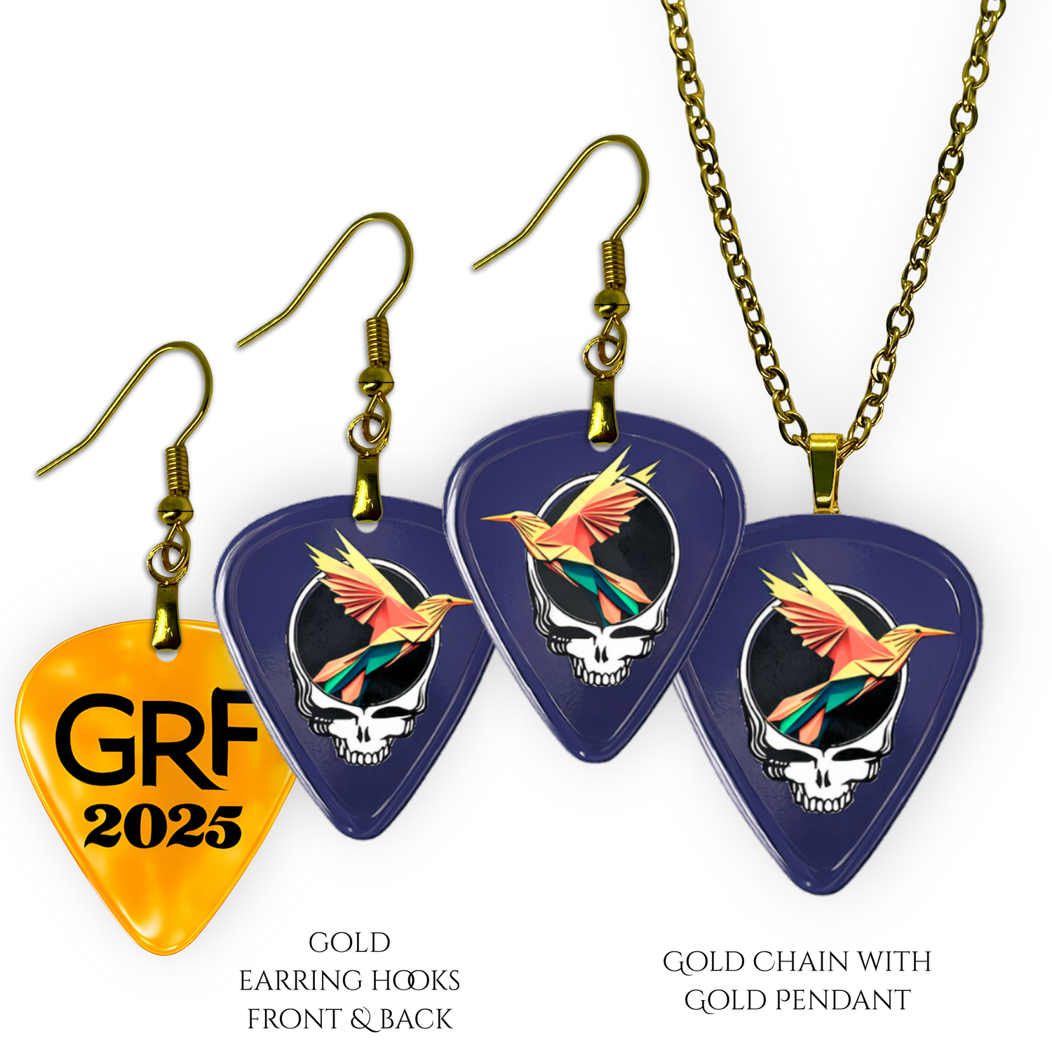Front and back view of GRF – Into the Night earring and pendant set featuring glossy navy guitar pick design with the Golden Road Festival bird and Steal Your Face artwork.