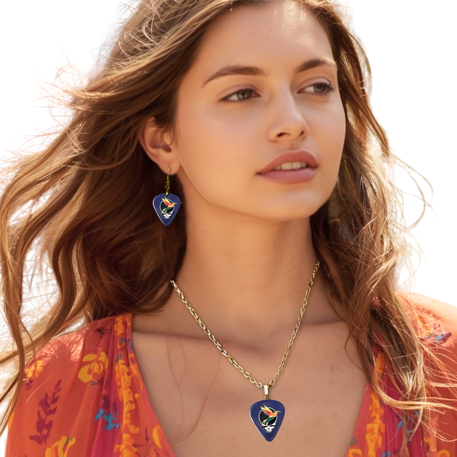 GRF – Into the Night earring and pendant set featuring glossy navy guitar pick design with the Golden Road Festival bird and Steal Your Face artwork.