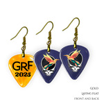 Front and back view of GRF – Into the Night earrings featuring glossy navy guitar pick design with bird and Steal Your Face artwork.