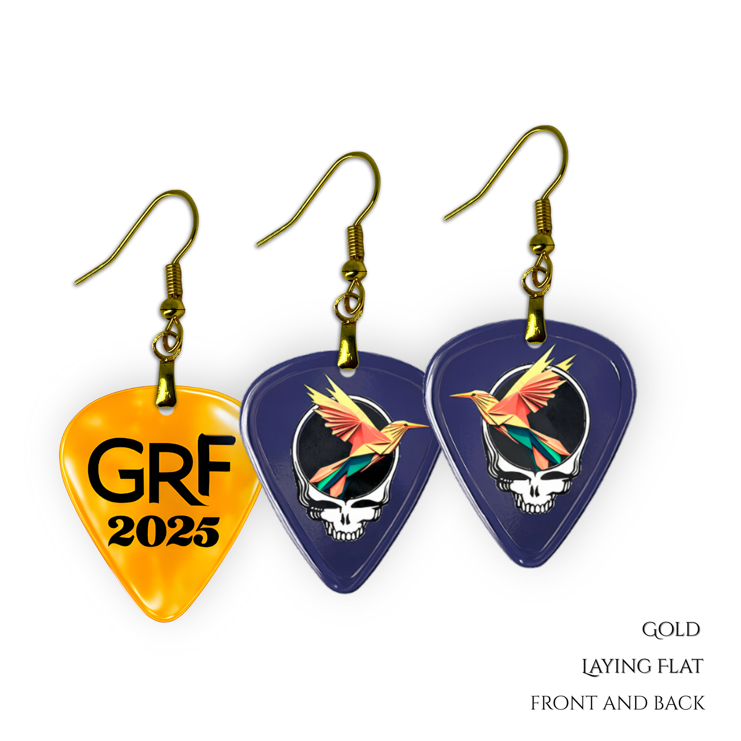 Front and back view of GRF – Into the Night earrings featuring glossy navy guitar pick design with bird and Steal Your Face artwork.