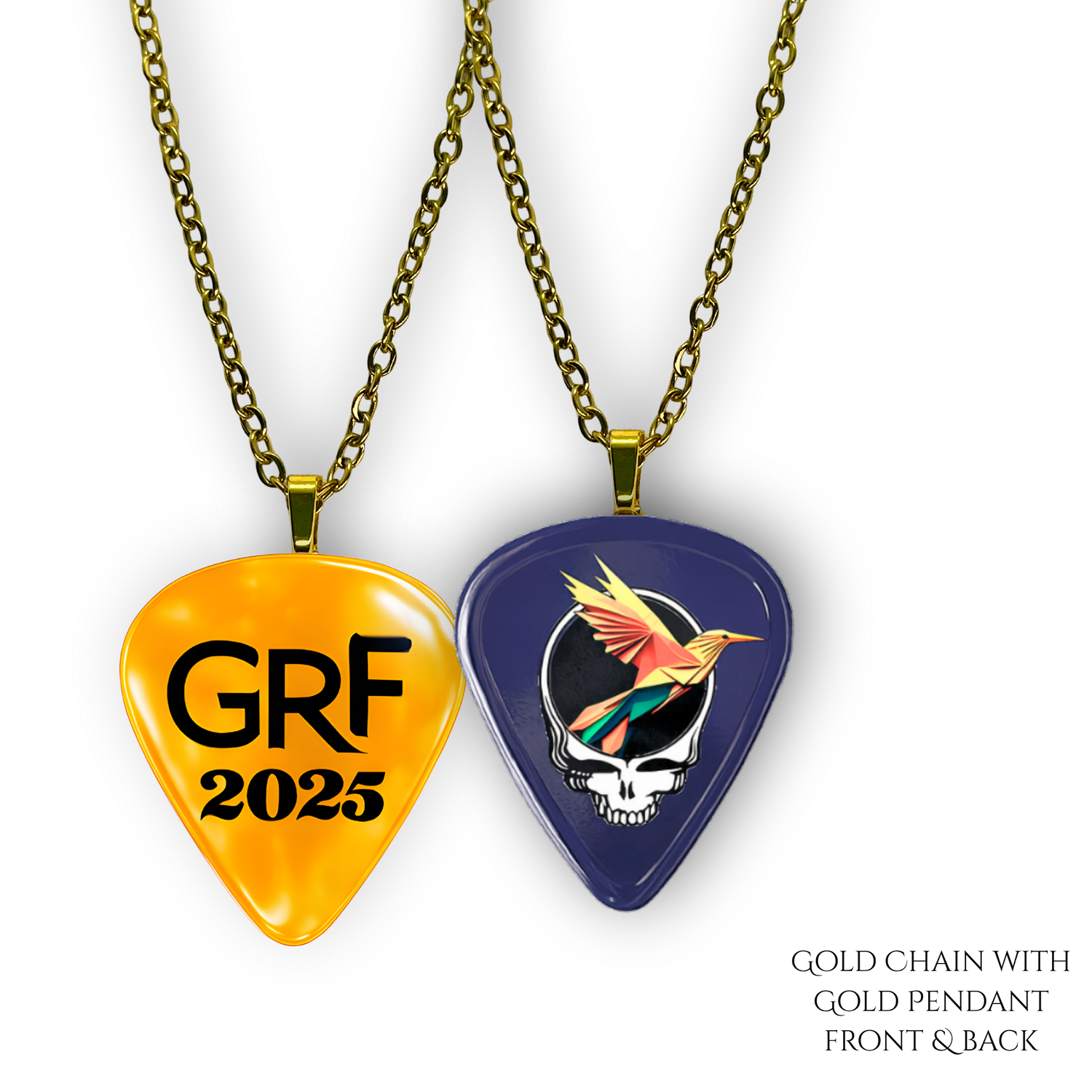 Front and back view of GRF – Into the Night necklace featuring glossy navy guitar pick design with bird and Steal Your Face artwork.