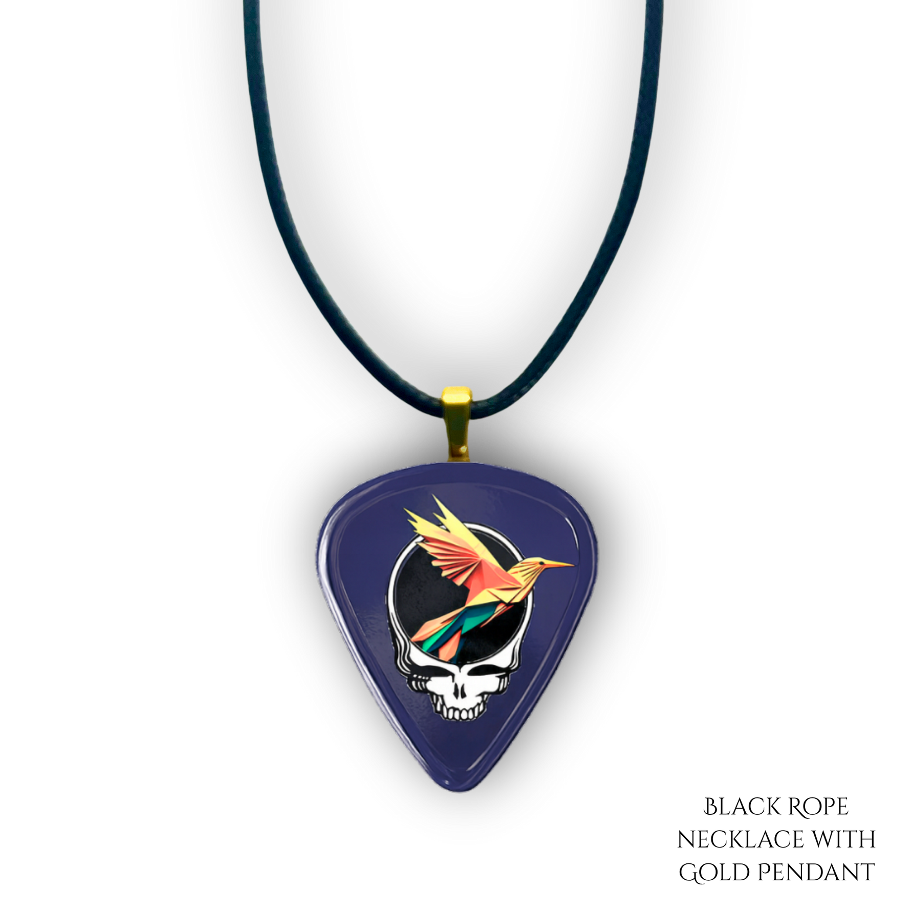 Close-up of Into the Night necklace showing high-gloss epoxy finish with gold pendant and bold festival colors.