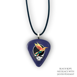 Close-up of Into the Night necklace showing high-gloss epoxy finish with silver pendant and bold festival colors.