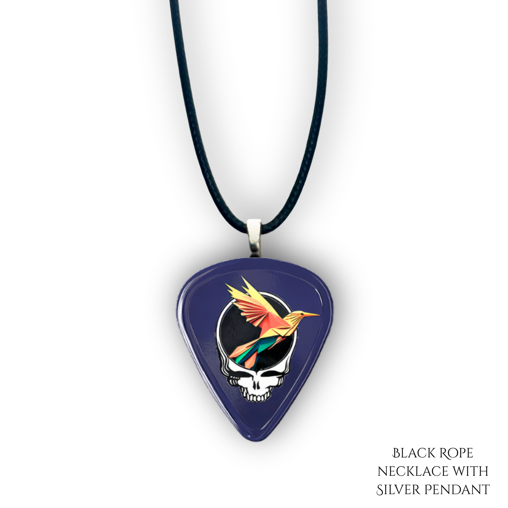 Close-up of Into the Night necklace showing high-gloss epoxy finish with silver pendant and bold festival colors.