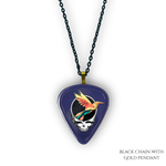 Close-up of Into the Night necklace showing high-gloss epoxy finish with gold pendant and bold festival colors.