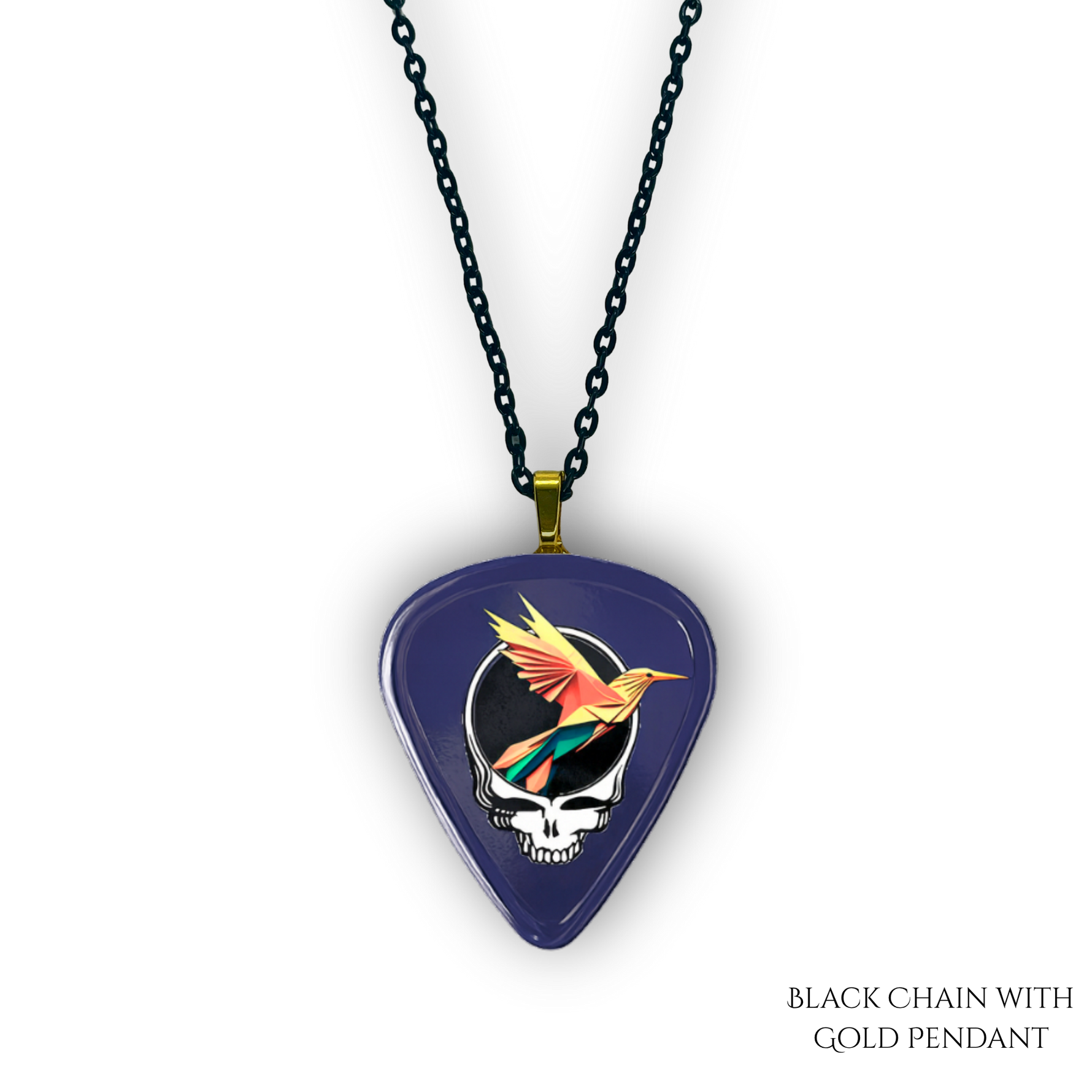 Close-up of Into the Night necklace showing high-gloss epoxy finish with gold pendant and bold festival colors.