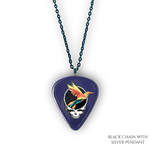 Close-up of Into the Night necklace showing high-gloss epoxy finish with silver pendant and bold festival colors.