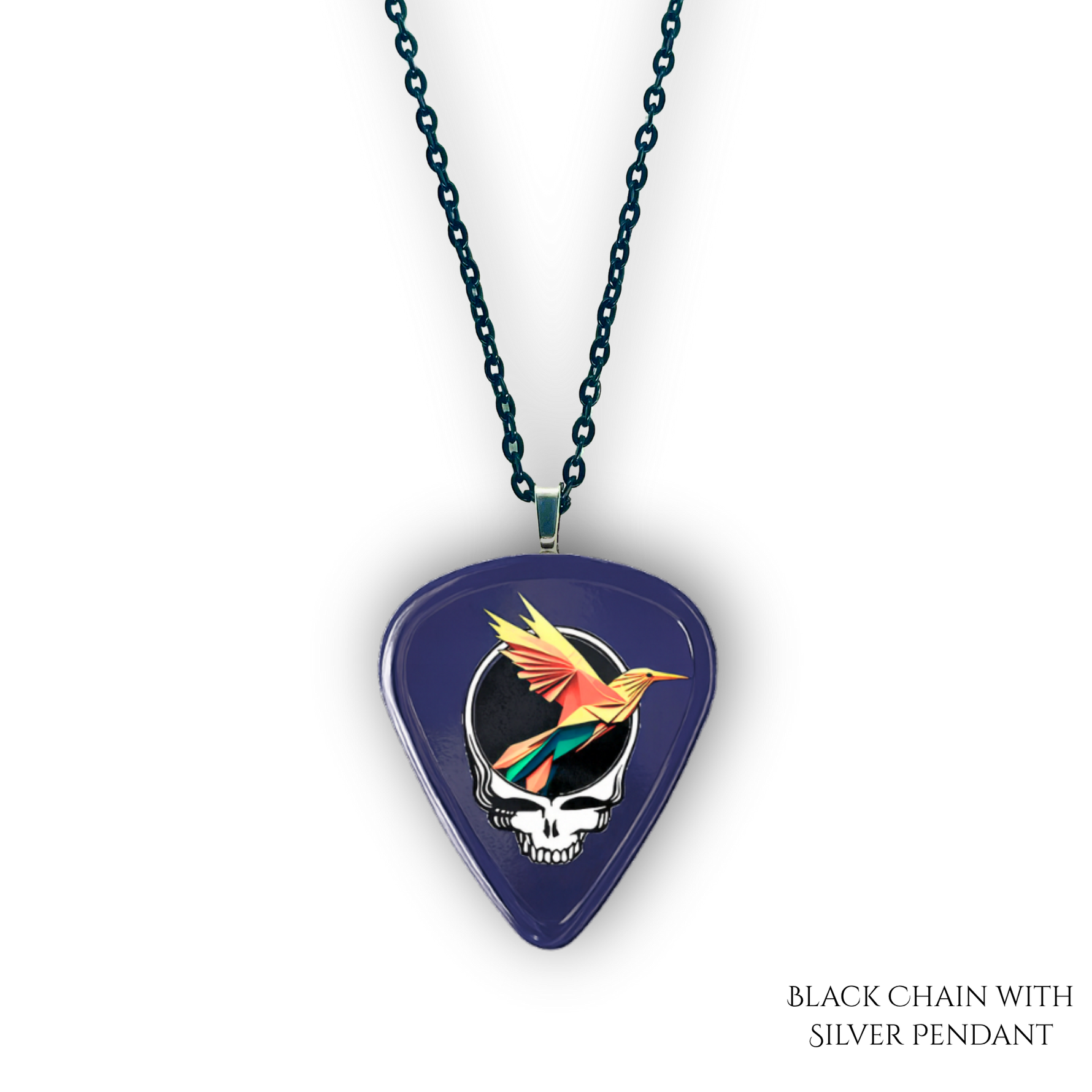 Close-up of Into the Night necklace showing high-gloss epoxy finish with silver pendant and bold festival colors.