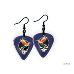 Close-up of the GRF - Into the Night earrings showing high-gloss epoxy finish with black hooks and bold festival colors.