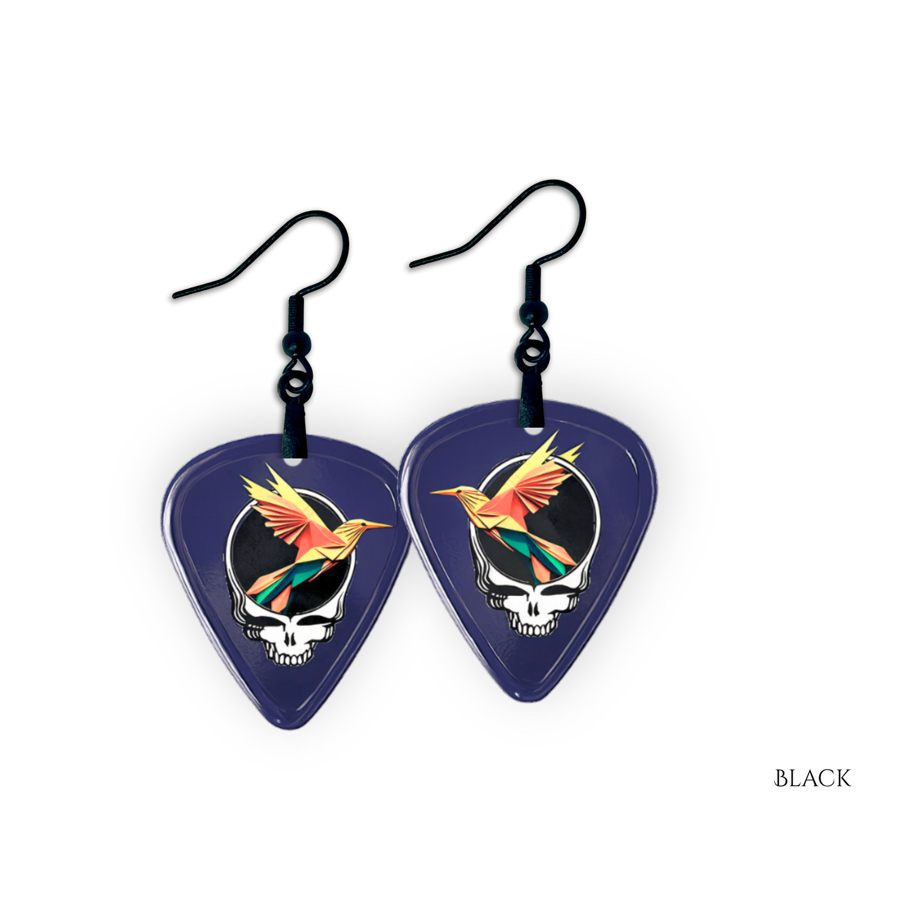 Close-up of the GRF - Into the Night earrings showing high-gloss epoxy finish with black hooks and bold festival colors.
