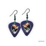 Close-up of the GRF - Into the Night earrings showing high-gloss epoxy finish with rainbow hooks and bold festival colors.
