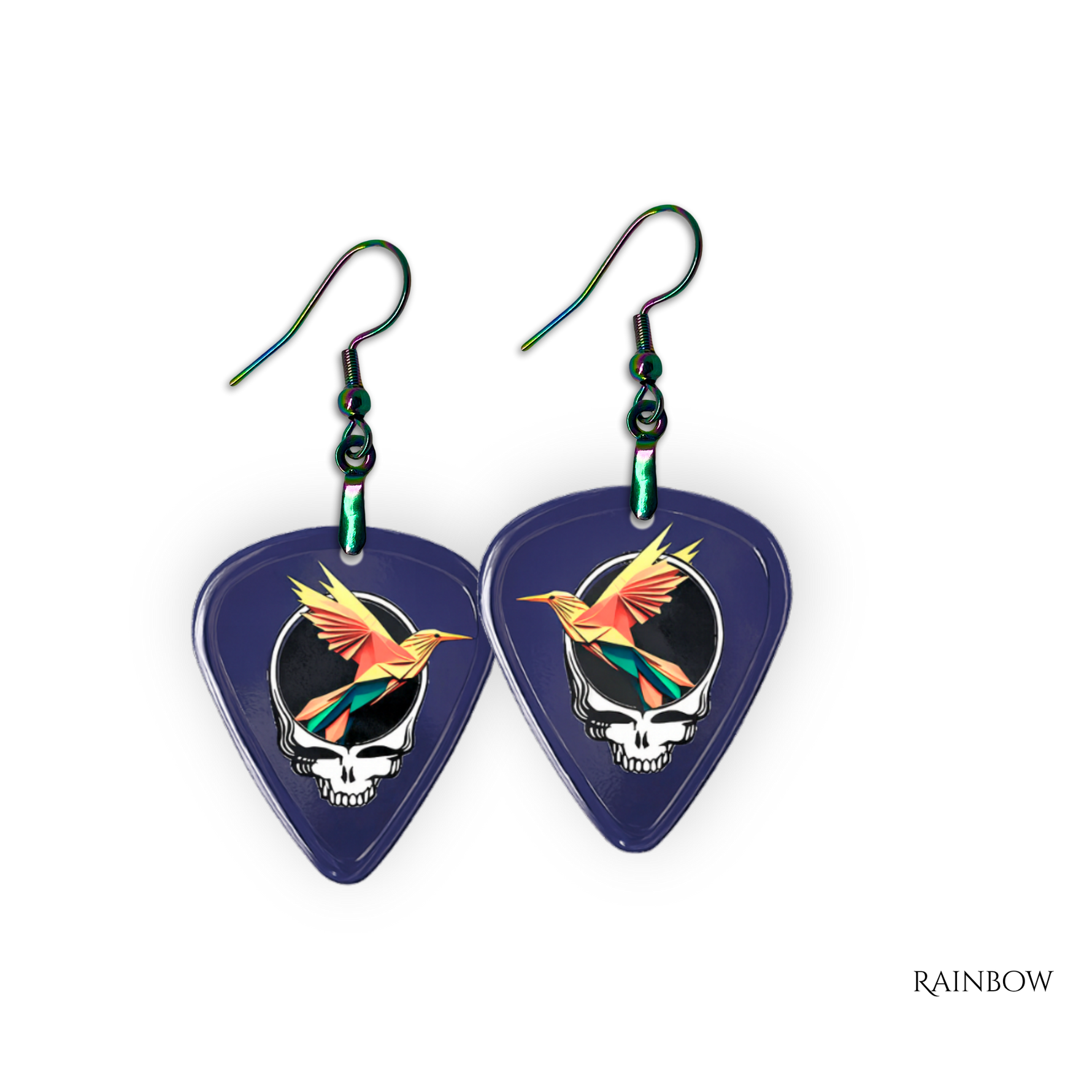 Close-up of the GRF - Into the Night earrings showing high-gloss epoxy finish with rainbow hooks and bold festival colors.
