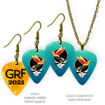 Front and back view of GRF – Ocean Flight jewelry set featuring teal glossy guitar pick design with the Golden Road Festival bird and Steal Your Face artwork.