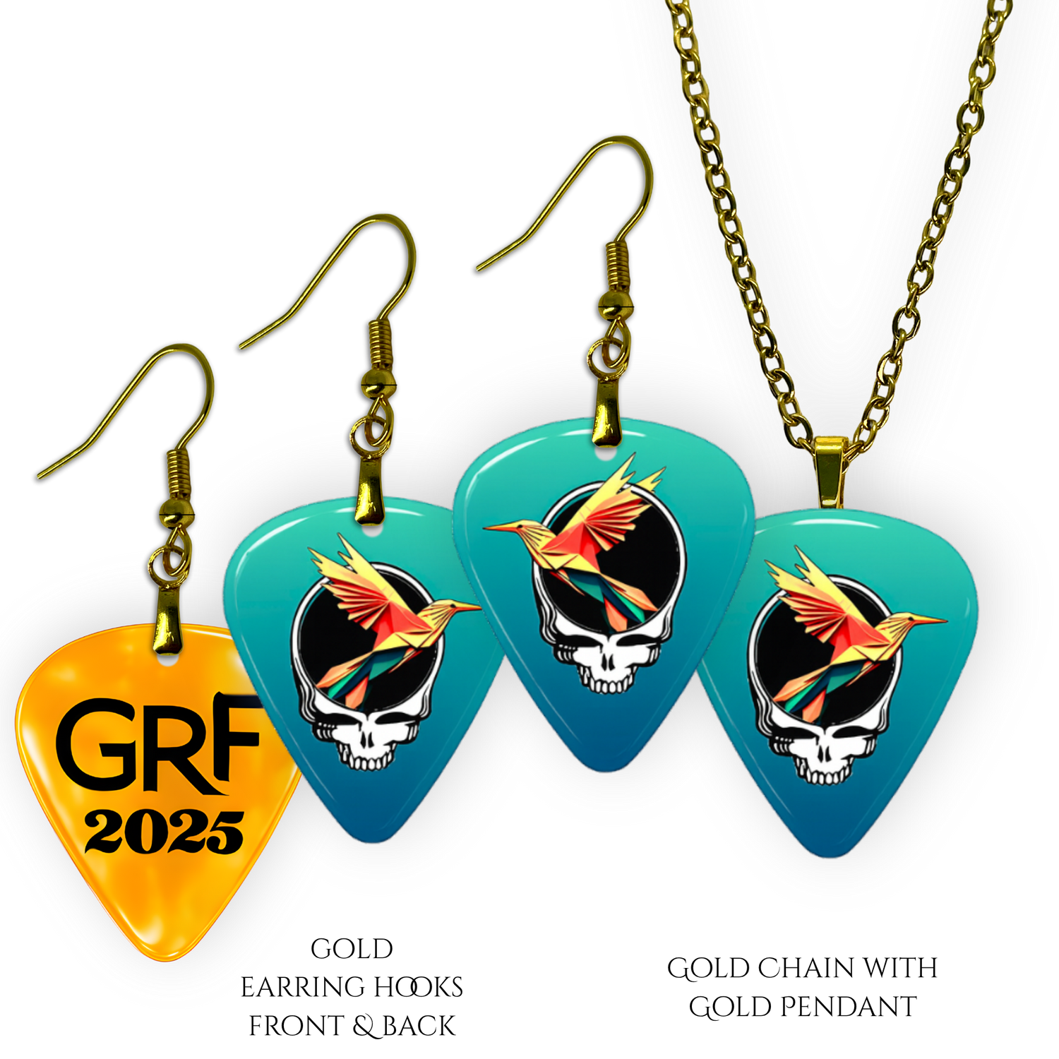 Front and back view of GRF – Ocean Flight jewelry set featuring teal glossy guitar pick design with the Golden Road Festival bird and Steal Your Face artwork.