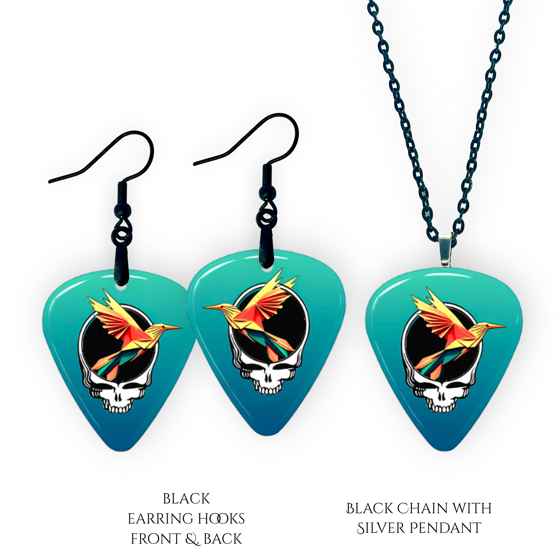 Earring and Necklace pendant set from GRF – Ocean Flight collection featuring a teal-blue festival-inspired design.