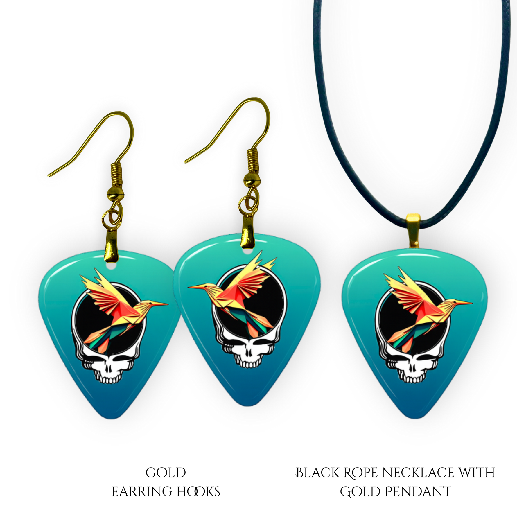 Earring and Necklace pendant set from GRF – Ocean Flight collection featuring a teal-blue festival-inspired design.