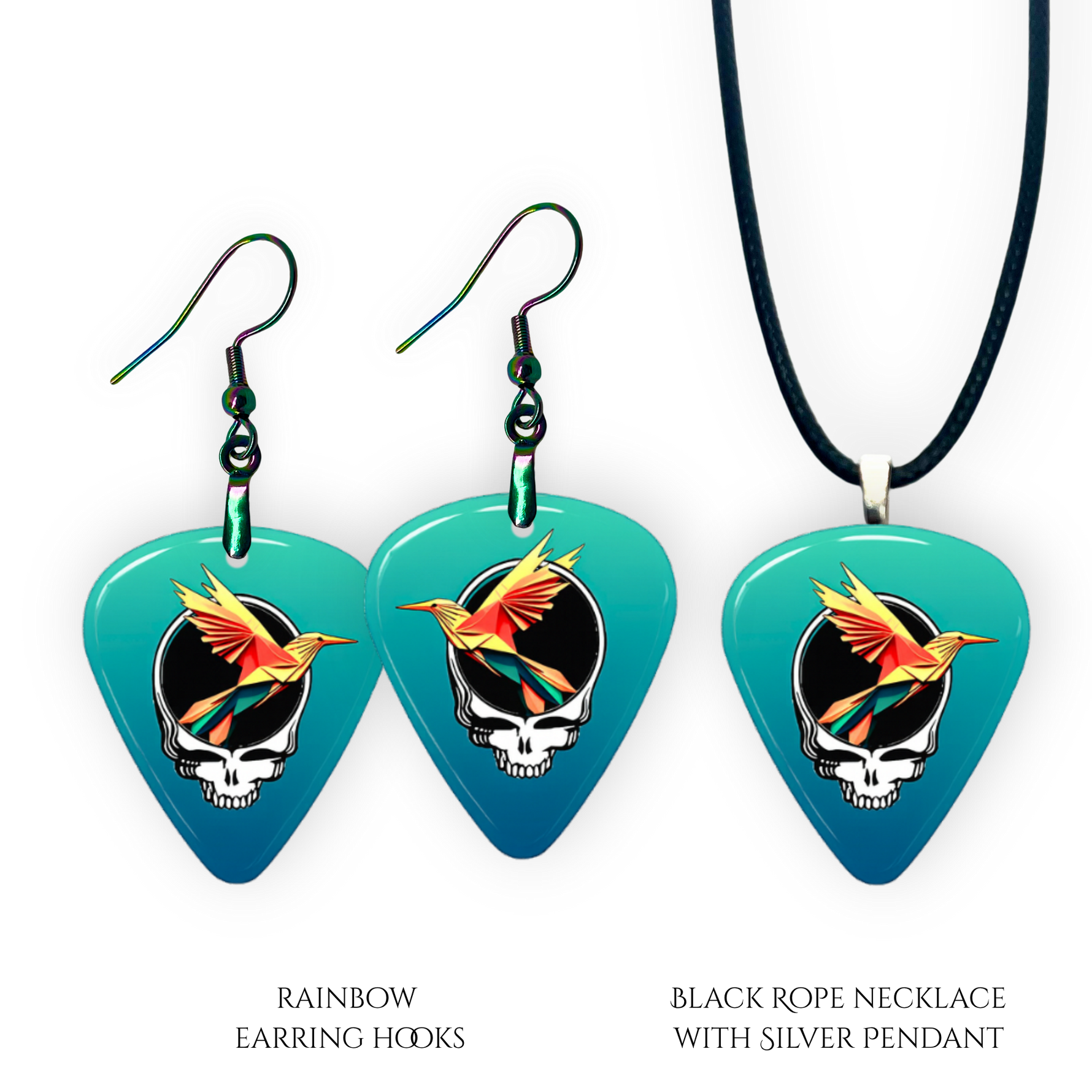 Earring and Necklace pendant set from GRF – Ocean Flight collection featuring a teal-blue festival-inspired design.