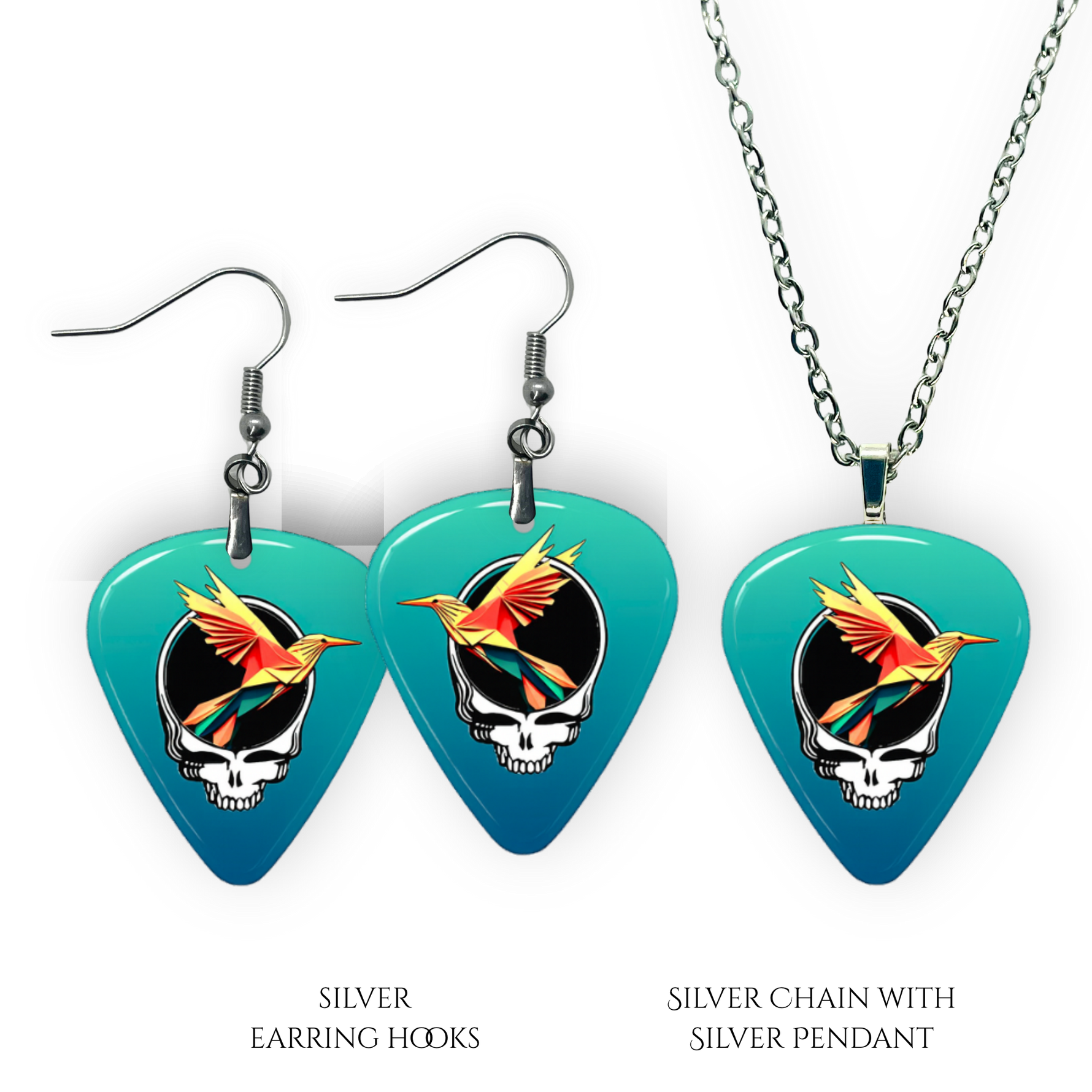 Earring and Necklace pendant set from GRF – Ocean Flight collection featuring a teal-blue festival-inspired design.