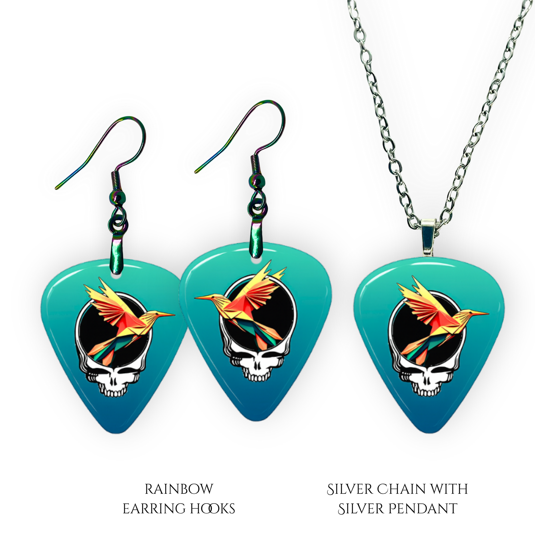 Earring and Necklace pendant set from GRF – Ocean Flight collection featuring a teal-blue festival-inspired design.