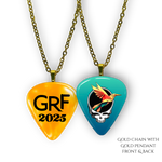 Front and back view of GRF – Ocean Flight Necklace featuring teal glossy guitar pick design with the Golden Road Festival bird and Steal Your Face artwork.