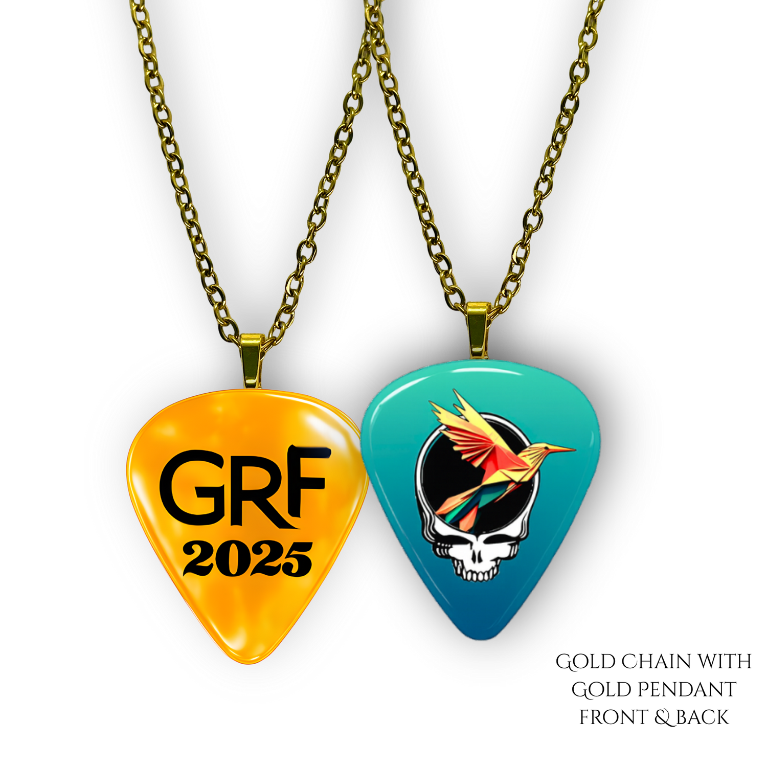 Front and back view of GRF – Ocean Flight Necklace featuring teal glossy guitar pick design with the Golden Road Festival bird and Steal Your Face artwork.