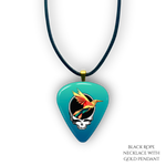 Necklace pendant from GRF – Ocean Flight collection featuring gold chain and teal-blue festival-inspired design.