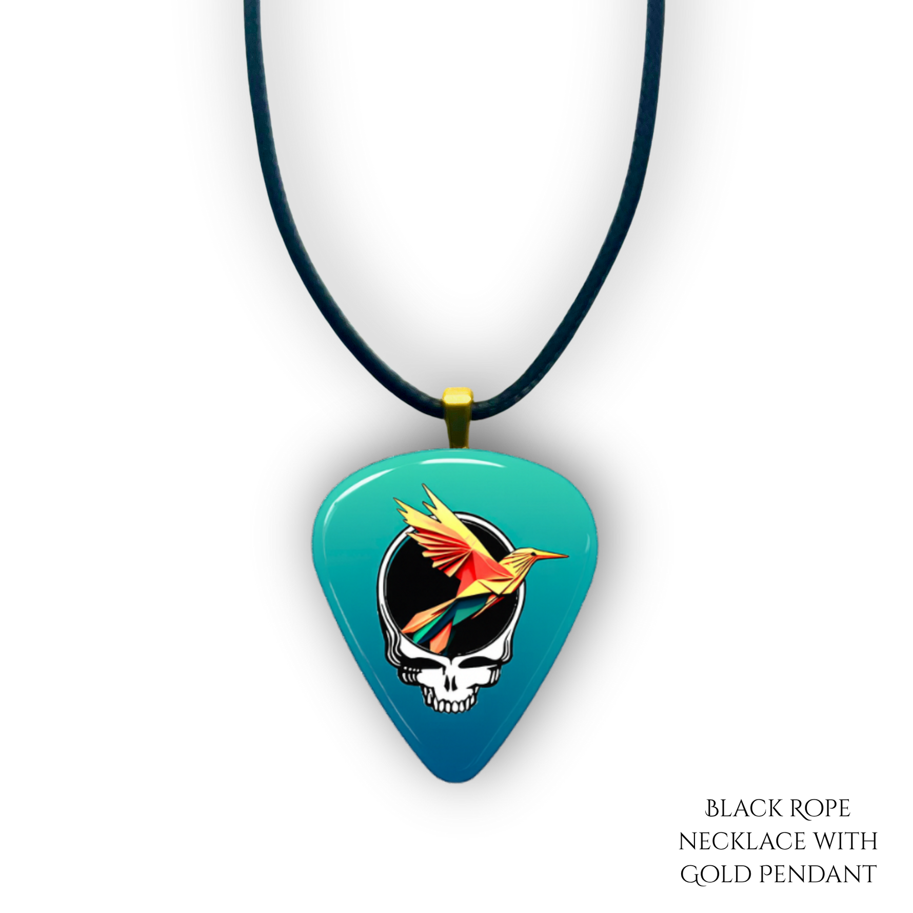 Necklace pendant from GRF – Ocean Flight collection featuring gold chain and teal-blue festival-inspired design.