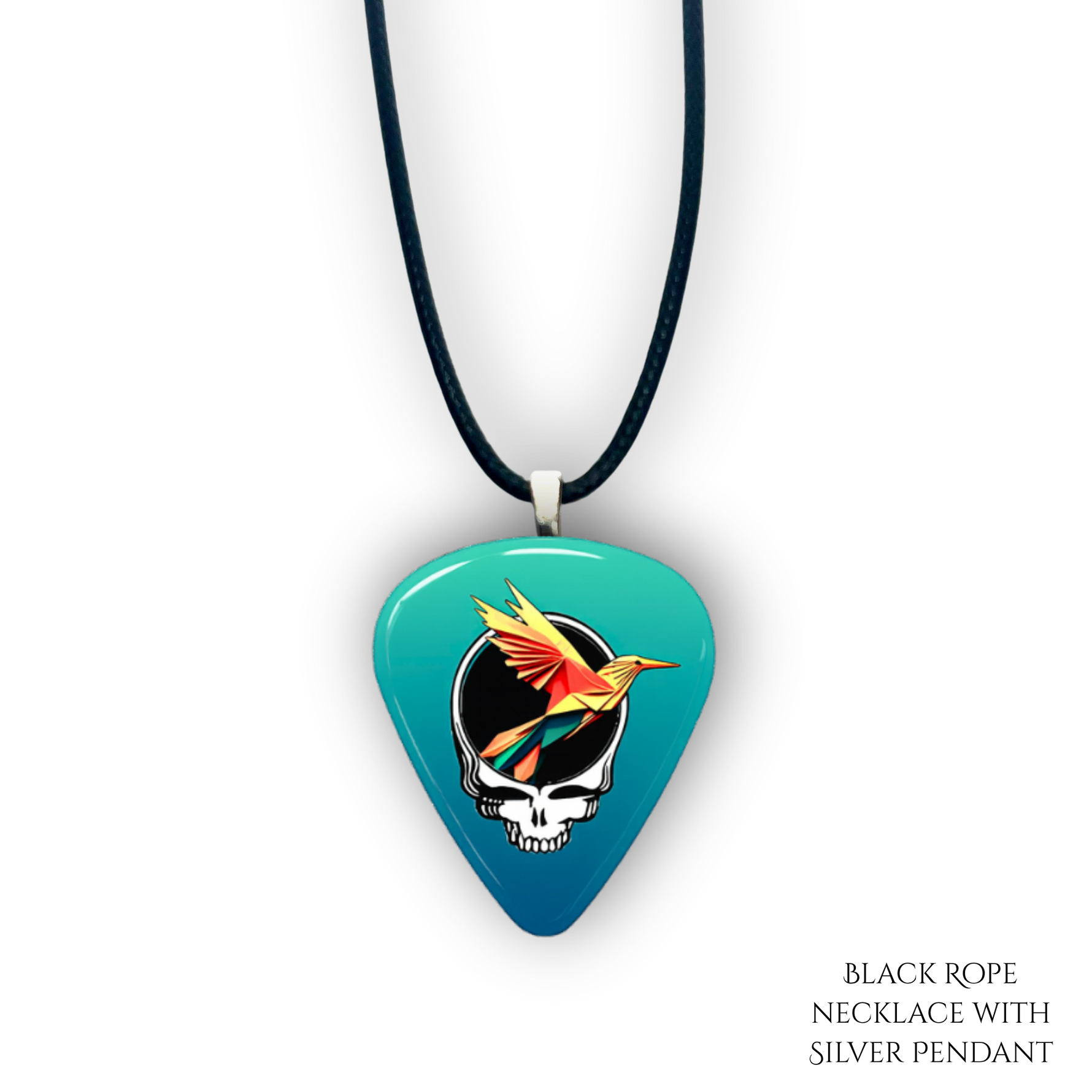 Necklace pendant from GRF – Ocean Flight collection featuring gold chain and teal-blue festival-inspired design.