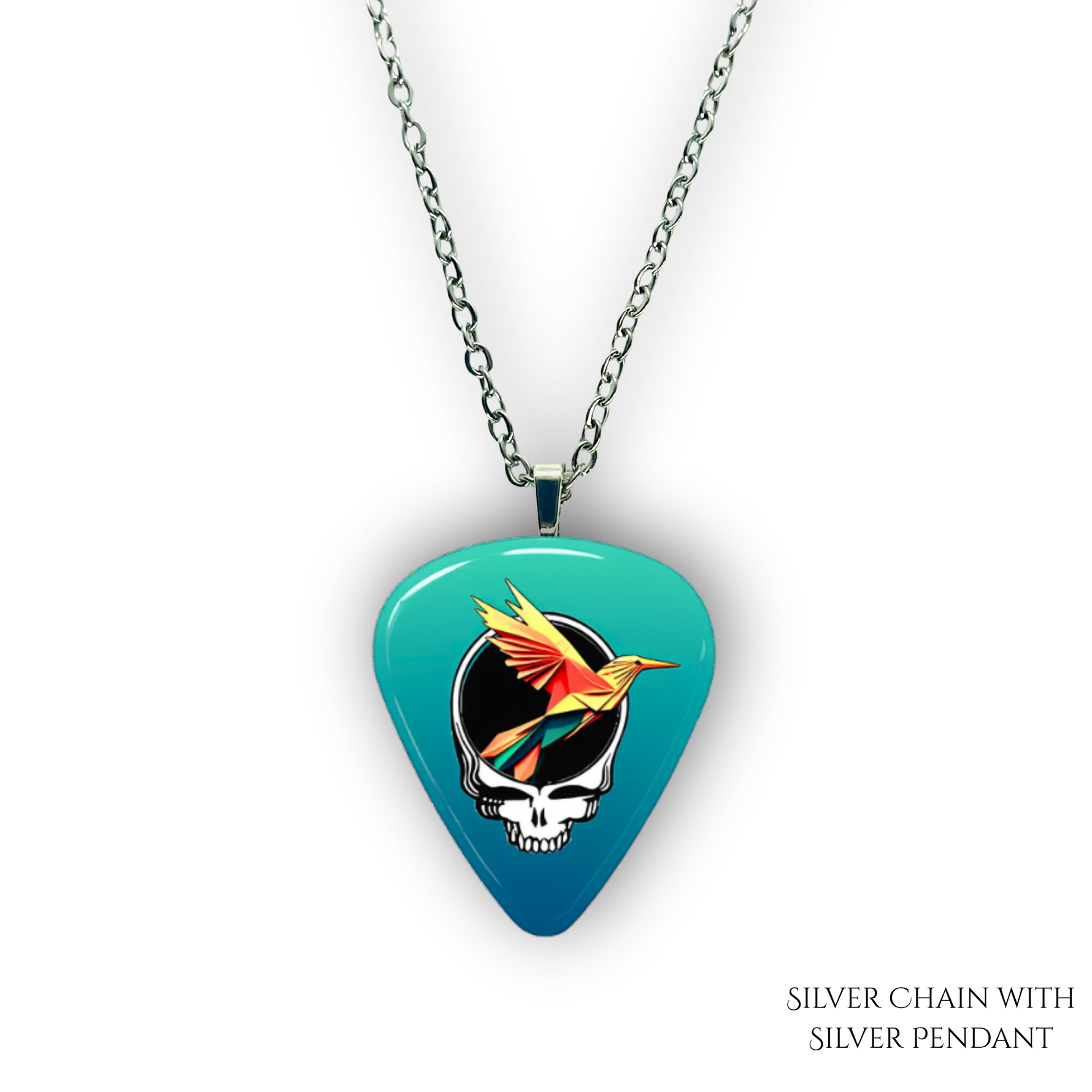 Necklace pendant from GRF – Ocean Flight collection featuring gold chain and teal-blue festival-inspired design.