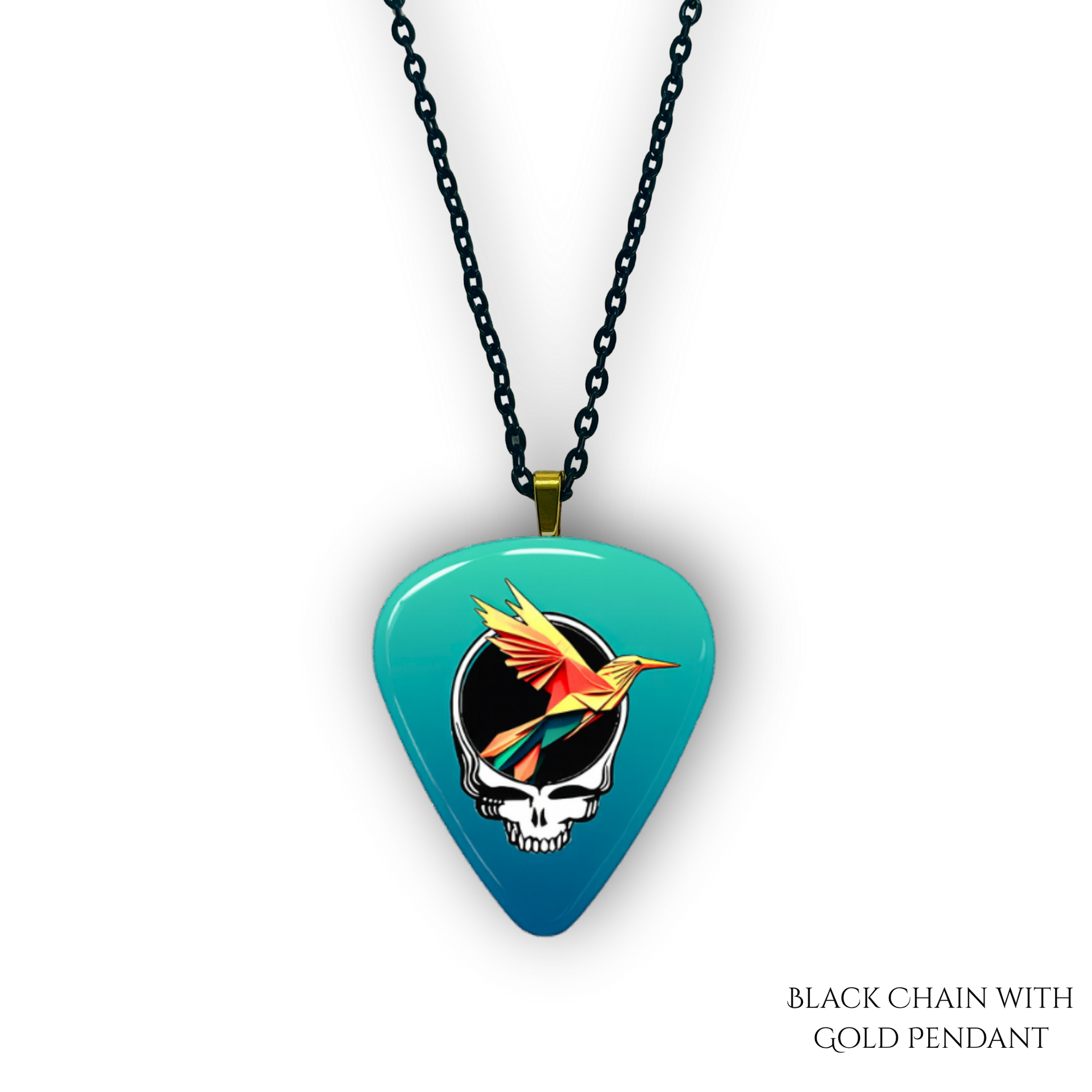Necklace pendant from GRF – Ocean Flight collection featuring gold chain and teal-blue festival-inspired design.