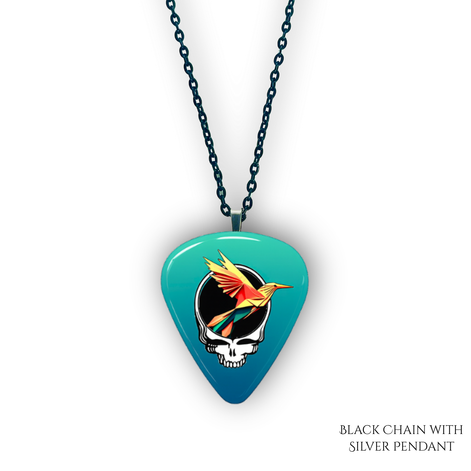 Necklace pendant from GRF – Ocean Flight collection featuring gold chain and teal-blue festival-inspired design.