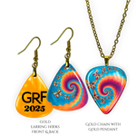 Front and back view of GRF – Psychedelic Flight guitar pick jewelry with glossy epoxy top coat and colorful Golden Road Festivalbutterfly spiral design.