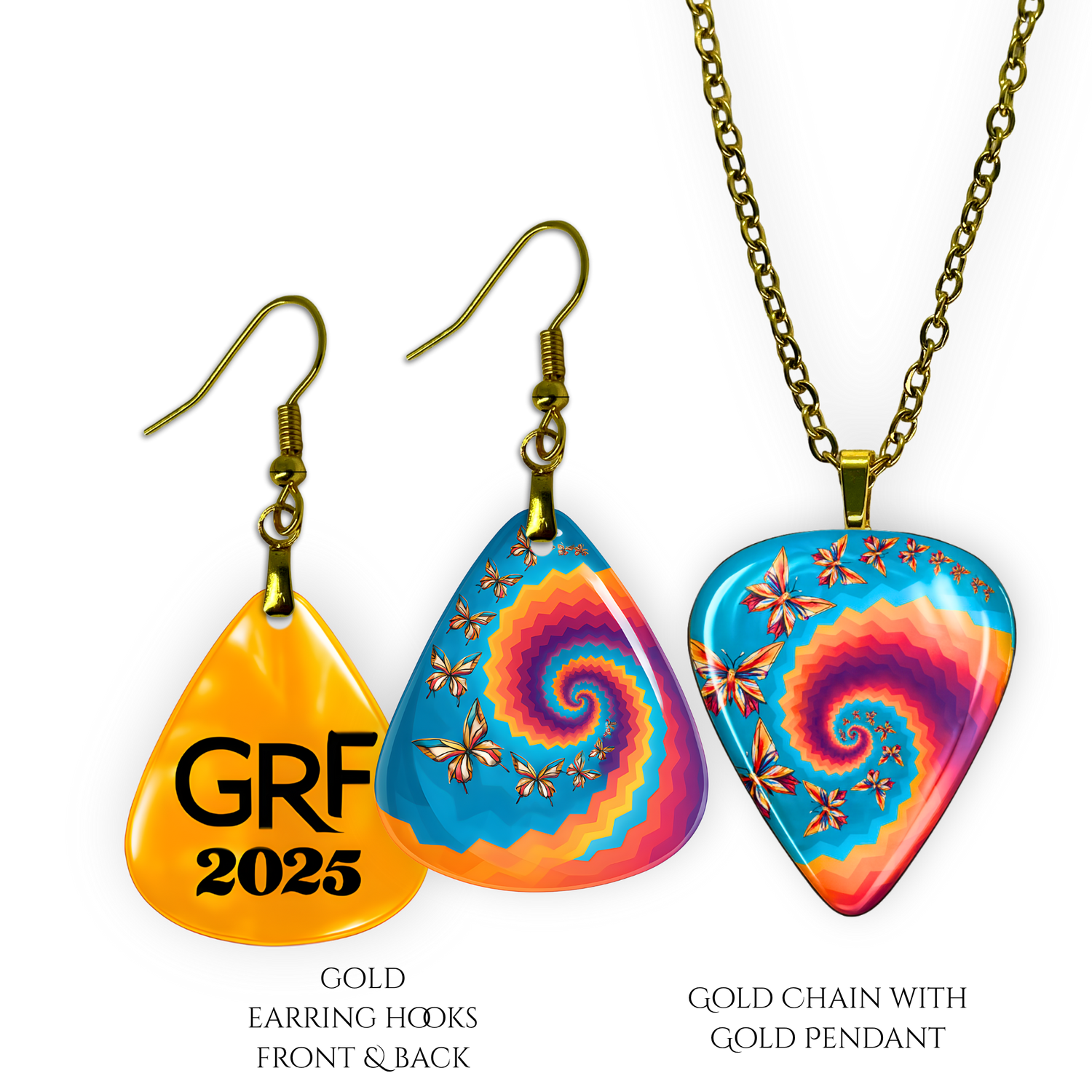 Front and back view of GRF – Psychedelic Flight guitar pick jewelry with glossy epoxy top coat and colorful Golden Road Festivalbutterfly spiral design.