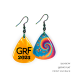 Front view of GRF – Psychedelic Flight guitar pick jewelry with glossy epoxy top coat and colorful butterfly spiral design.