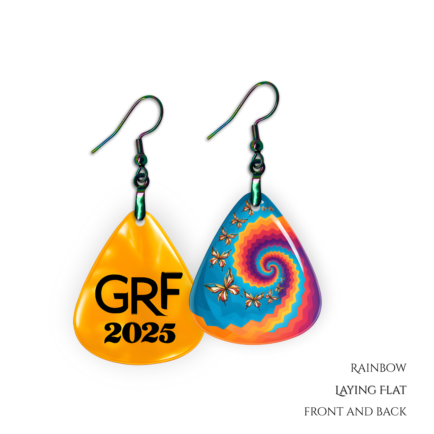 Front view of GRF – Psychedelic Flight guitar pick jewelry with glossy epoxy top coat and colorful butterfly spiral design.