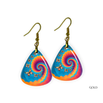 Close-up of Psychedelic Flight earrings  featuring gold hardware and kaleidoscopic butterfly artwork.