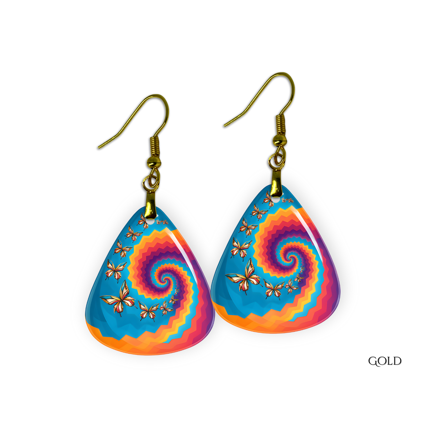 Close-up of Psychedelic Flight earrings  featuring gold hardware and kaleidoscopic butterfly artwork.