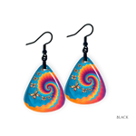 Close-up of Psychedelic Flight earrings  featuring gold hardware and kaleidoscopic butterfly artwork.